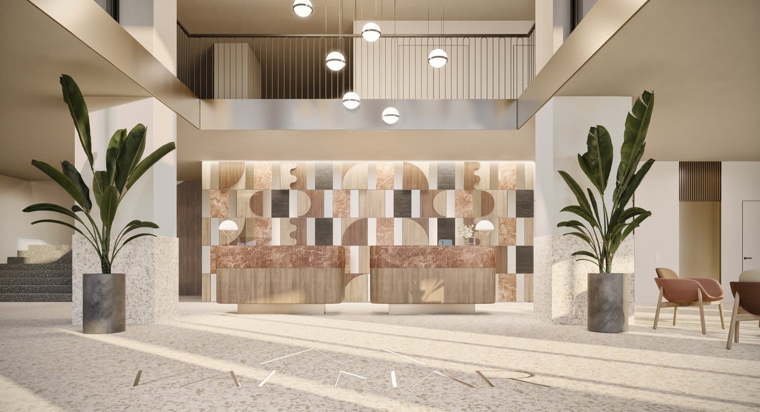 Common areas are highlighted via a selection of shiny materials and surfaces emitting opulence and airiness