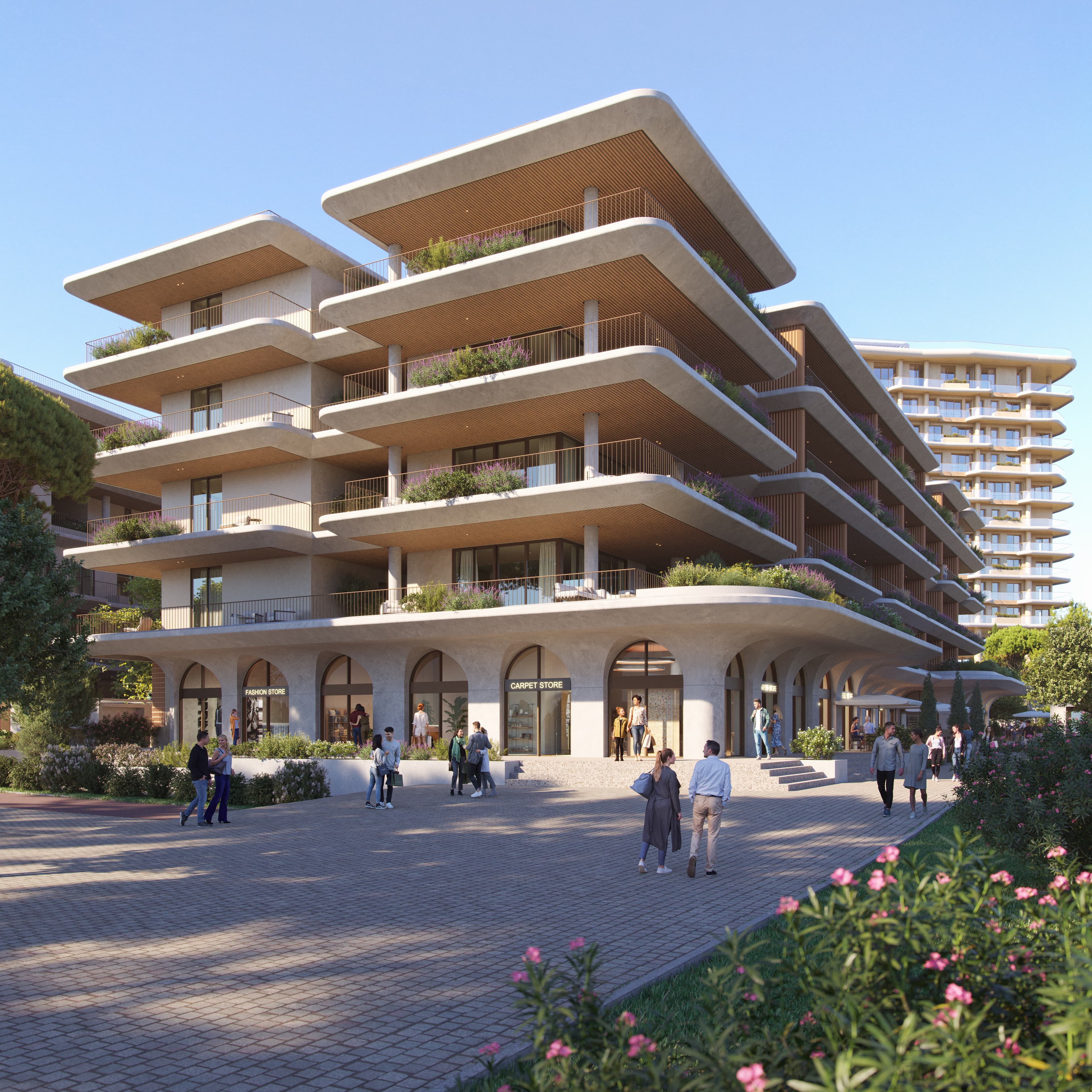 The distinctive podium of the building's base
