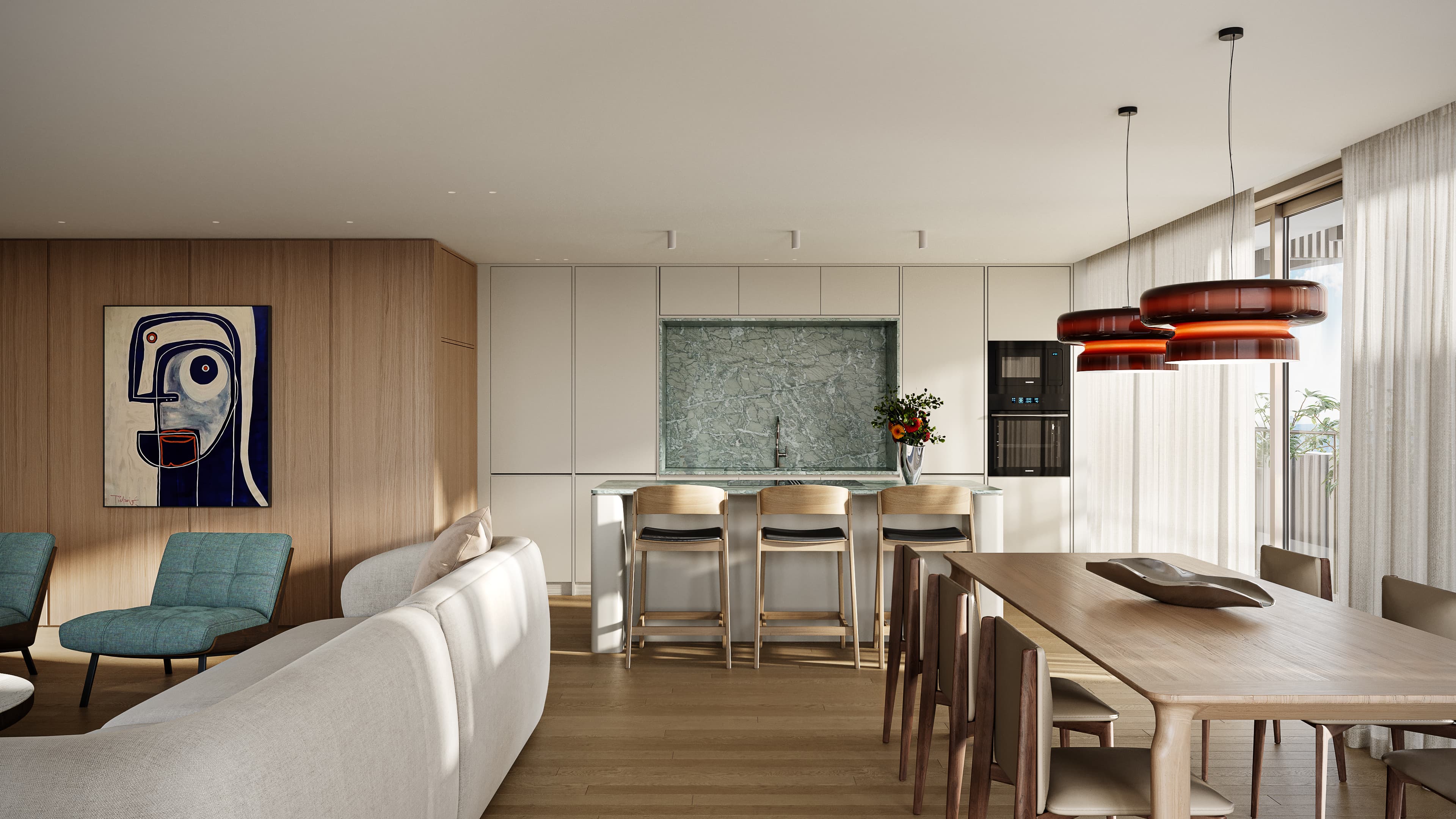 One of the block's typical living rooms and dining areas