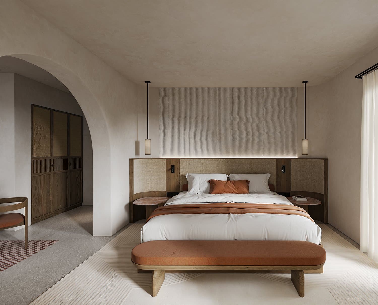 The same meditative, yet luxurious, quality appears in the bedrooms as well