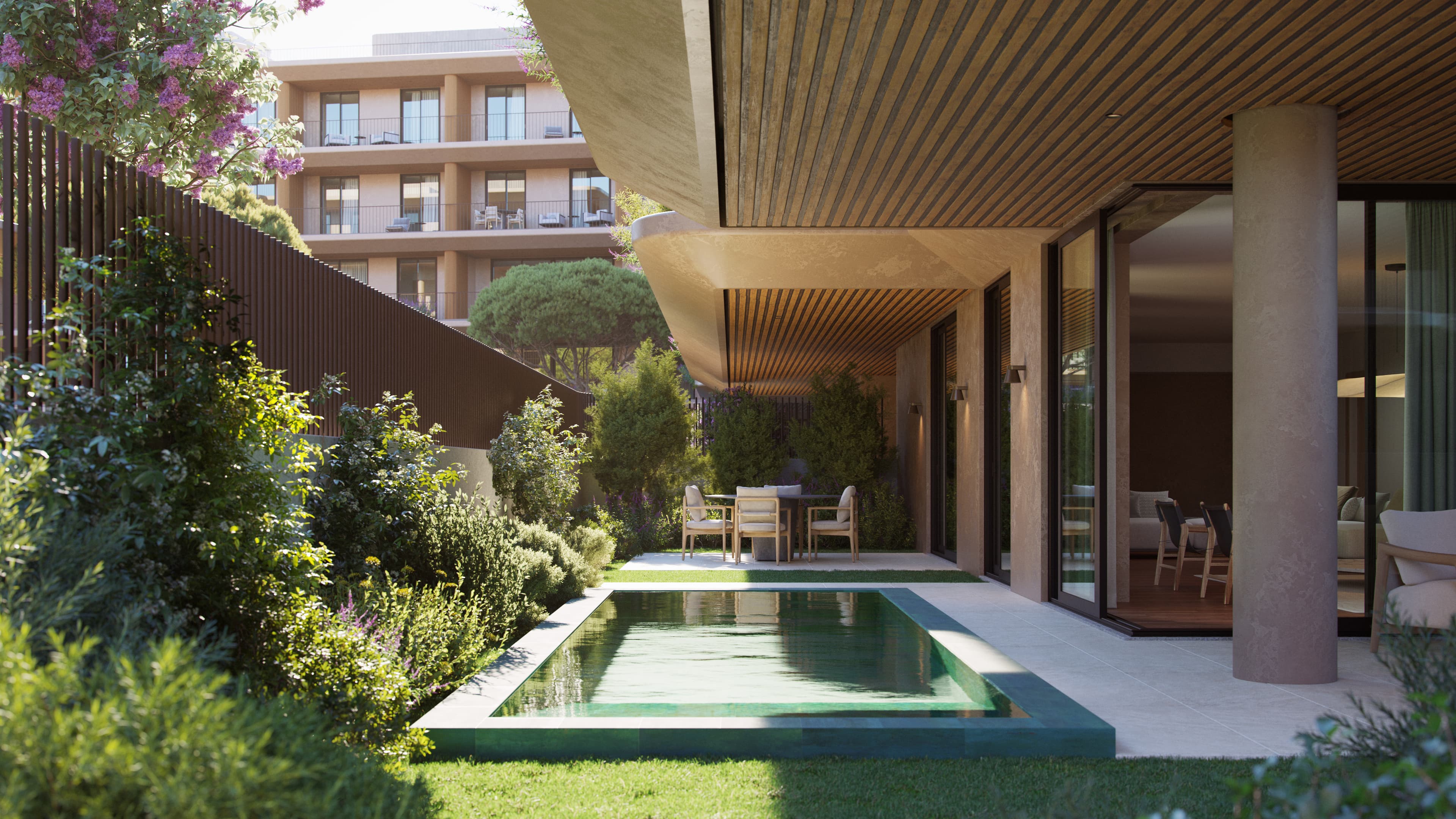 The vivid natural landscape of the groundfloor private gardens