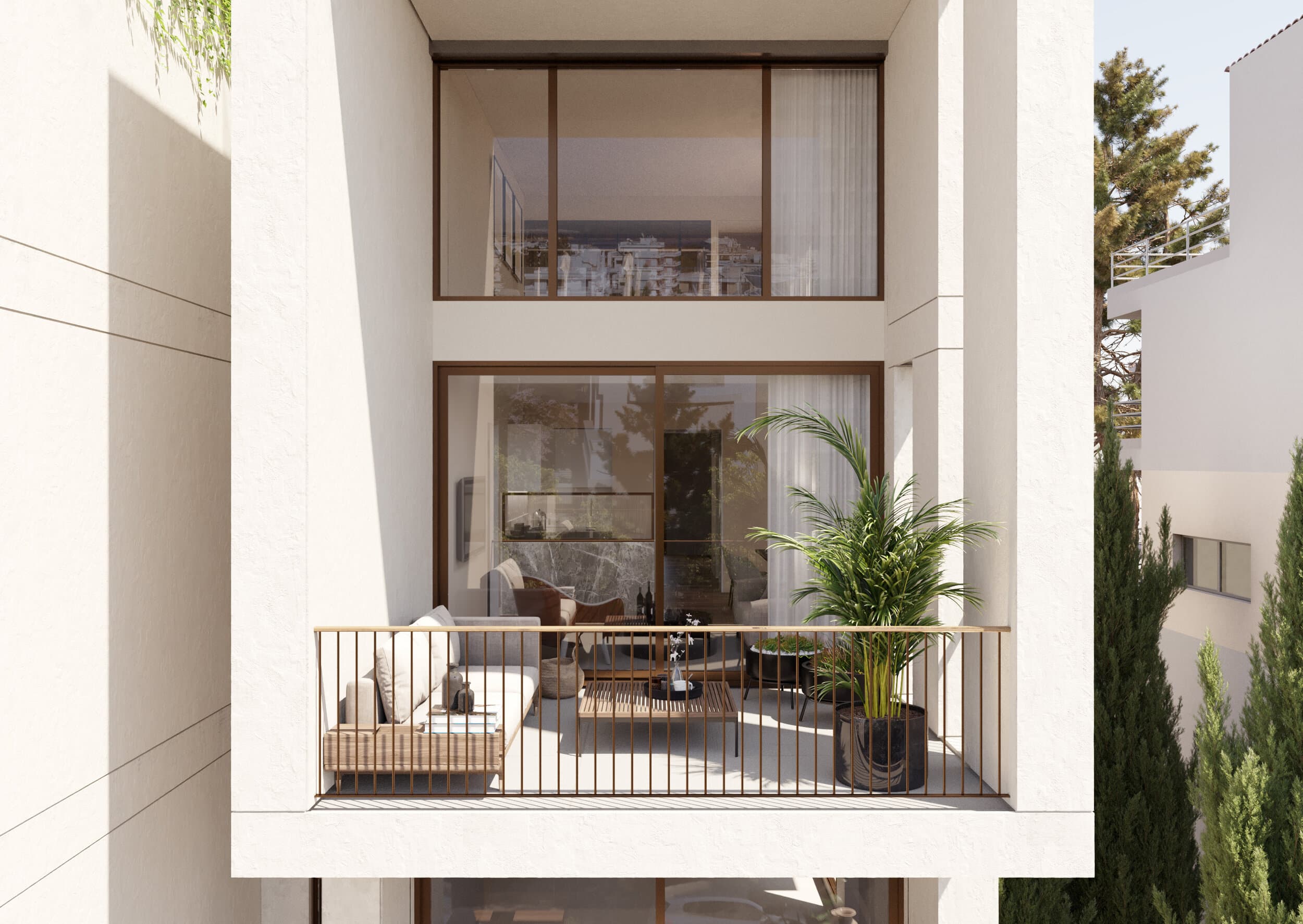 Protruding balcony volumes on the front facade