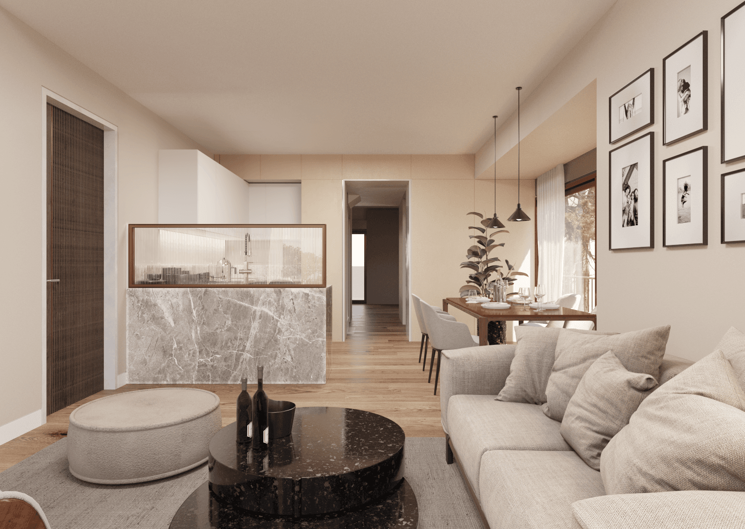 Living room towards the marble kitchen island