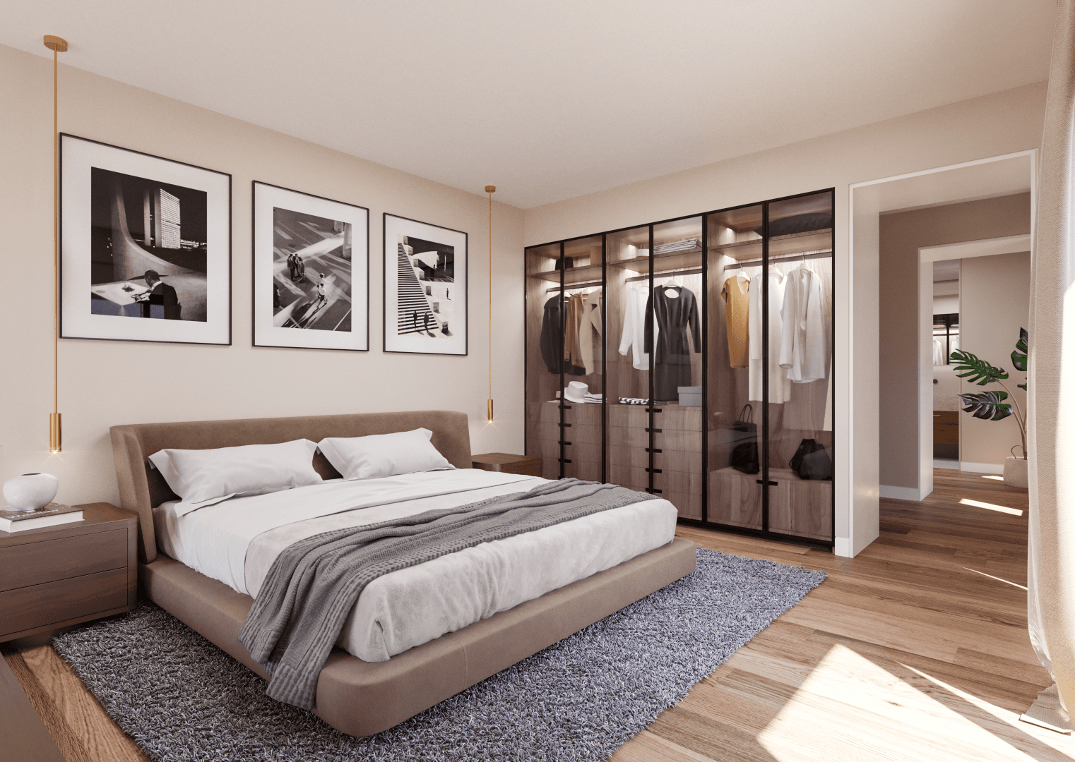 Bedroom with glass-fronted wardrobes