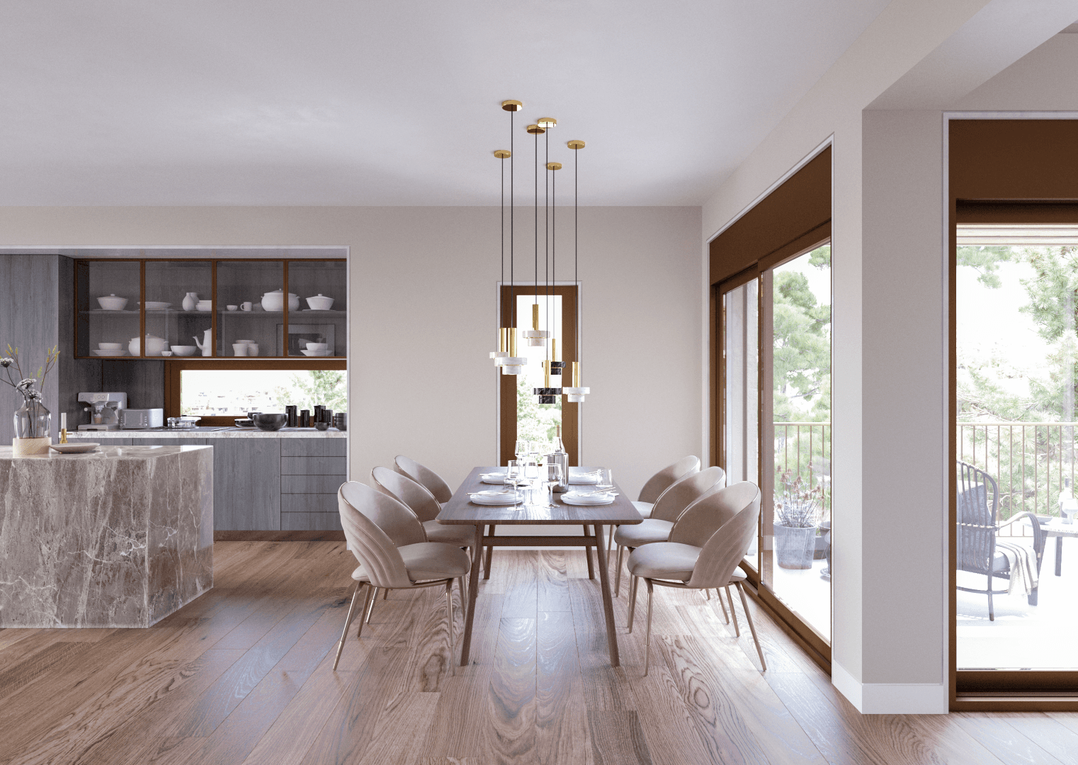 Dining area with monolithic marble bench