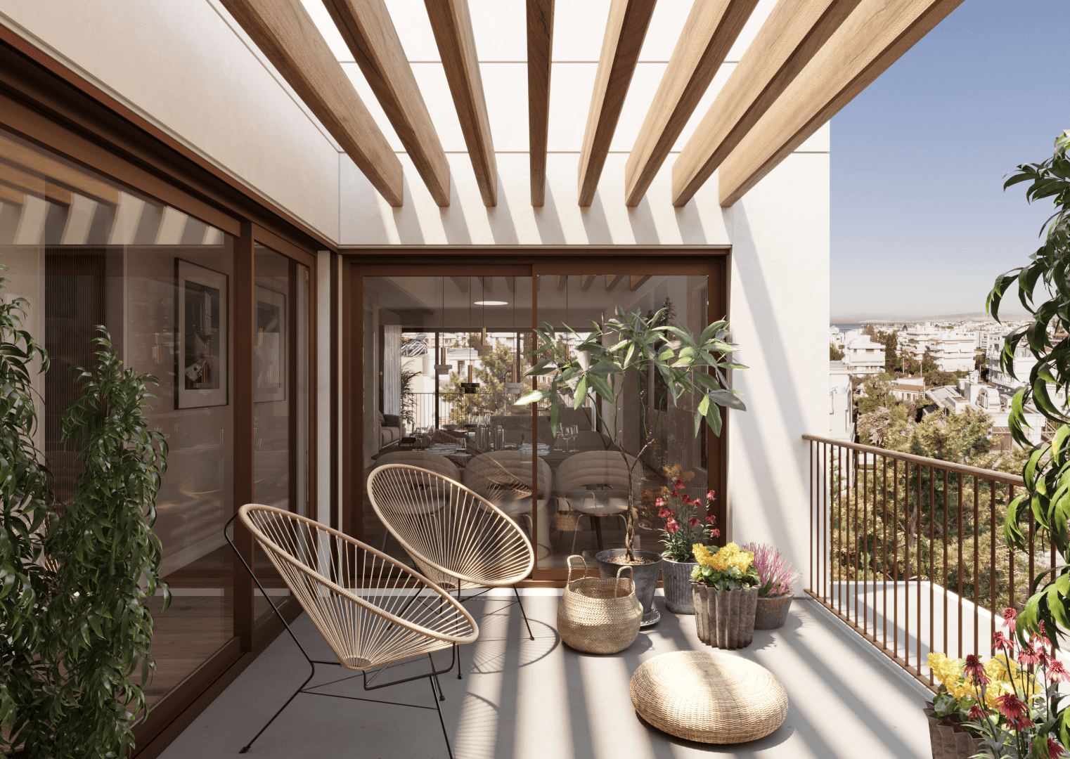 Rooftop balcony under the pergola, overlooking Voula