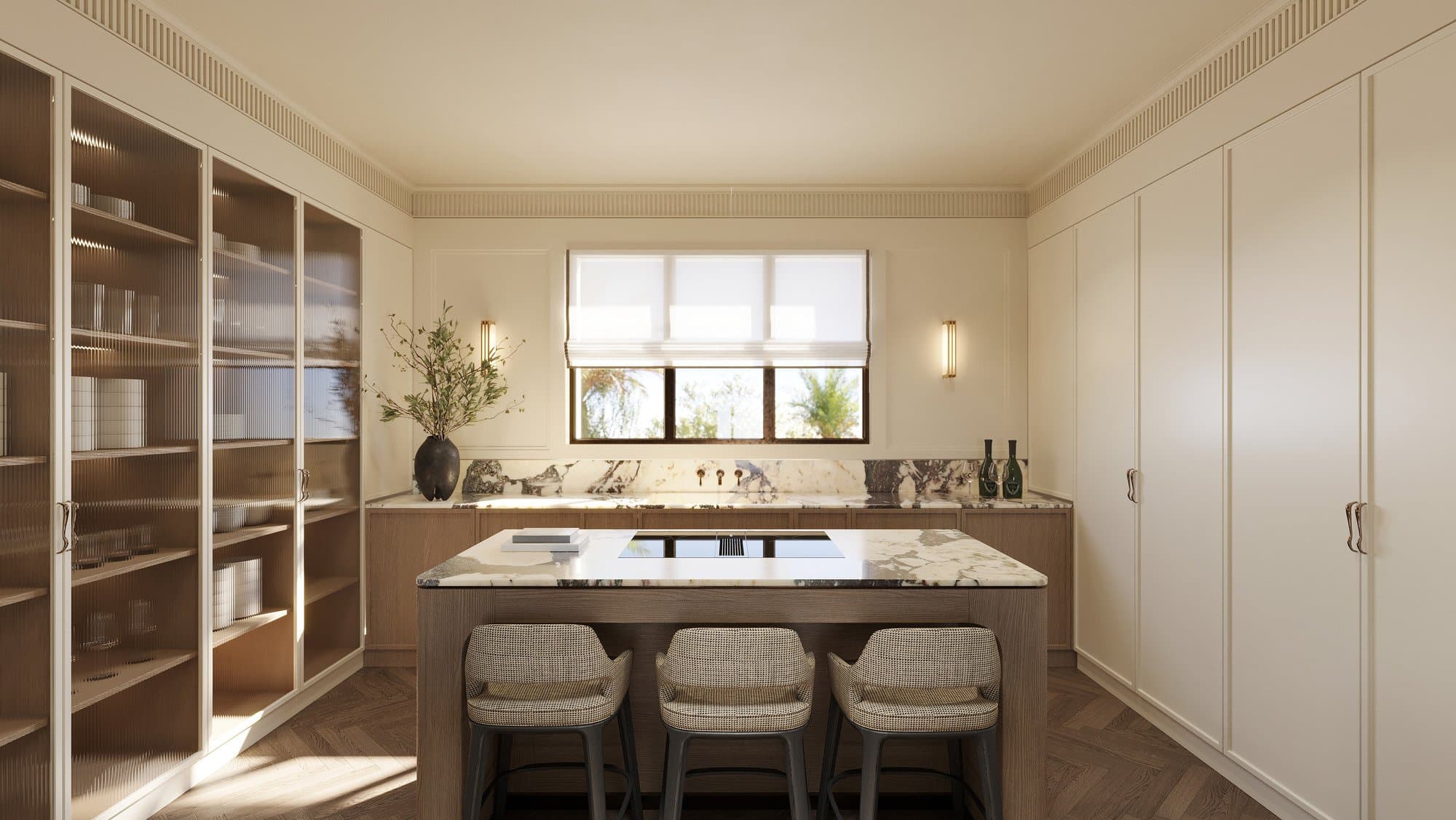 Penthouse kitchen in oak and violet-veined marble