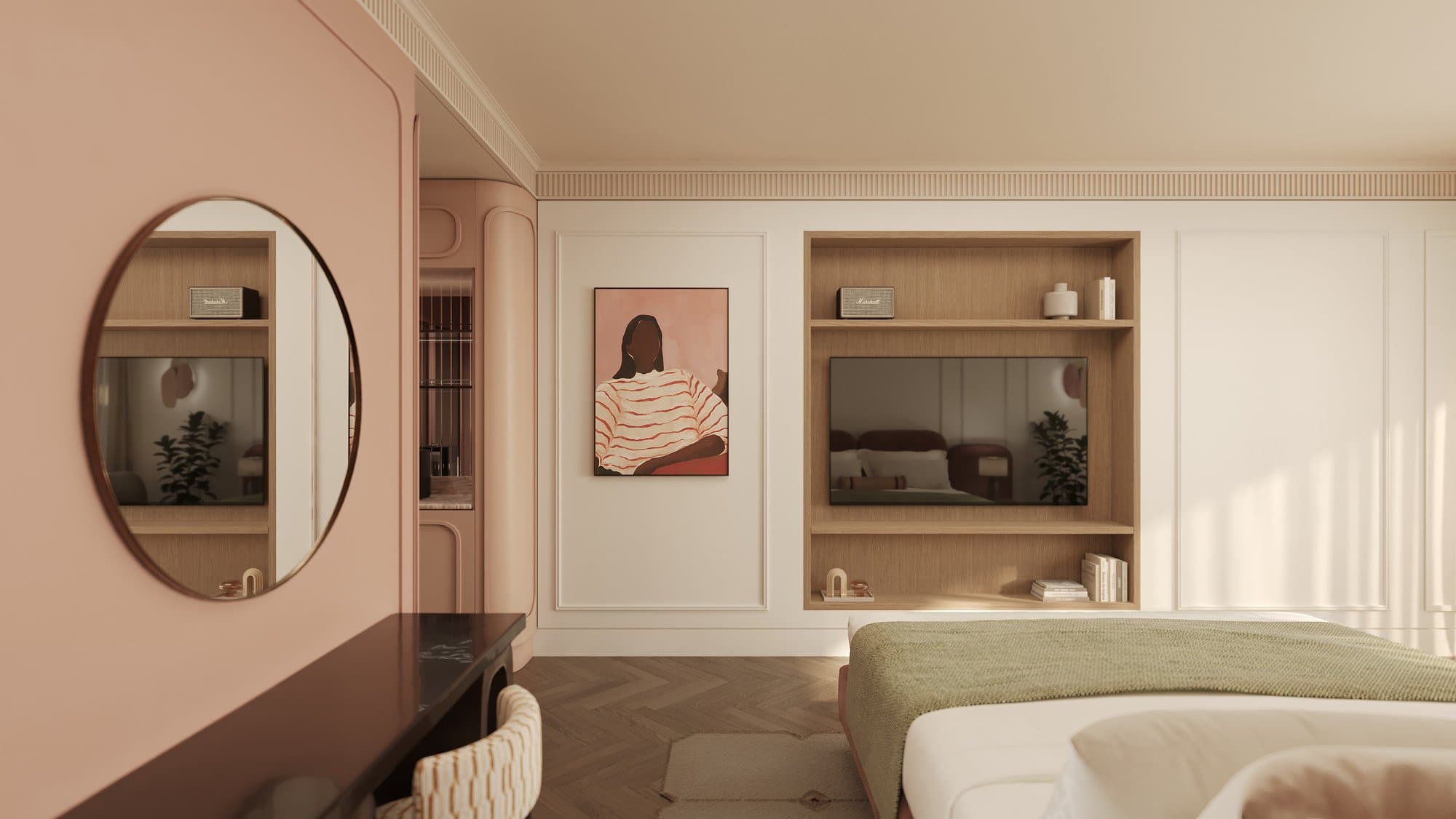 Executive bedroom towards the oak media niche
