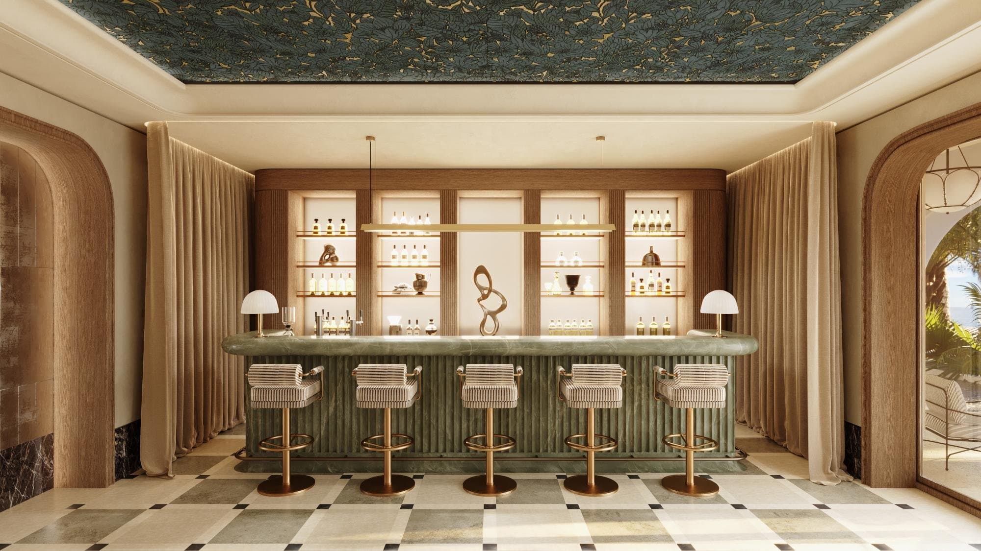 The green marble bar with backlit shelving