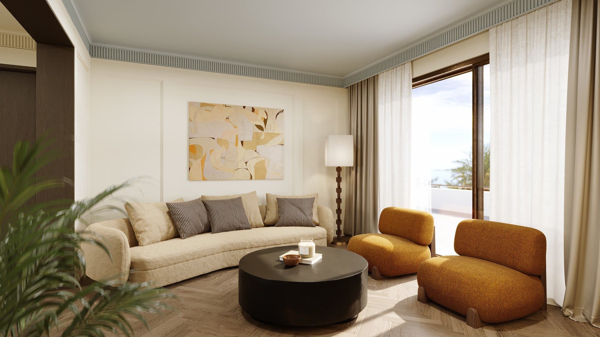 Penthouse living room with balcony sea view