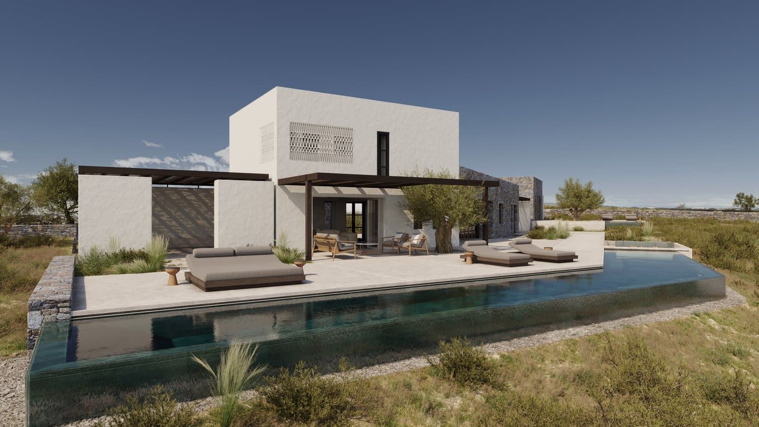 White cubist volume with dark timber pergola