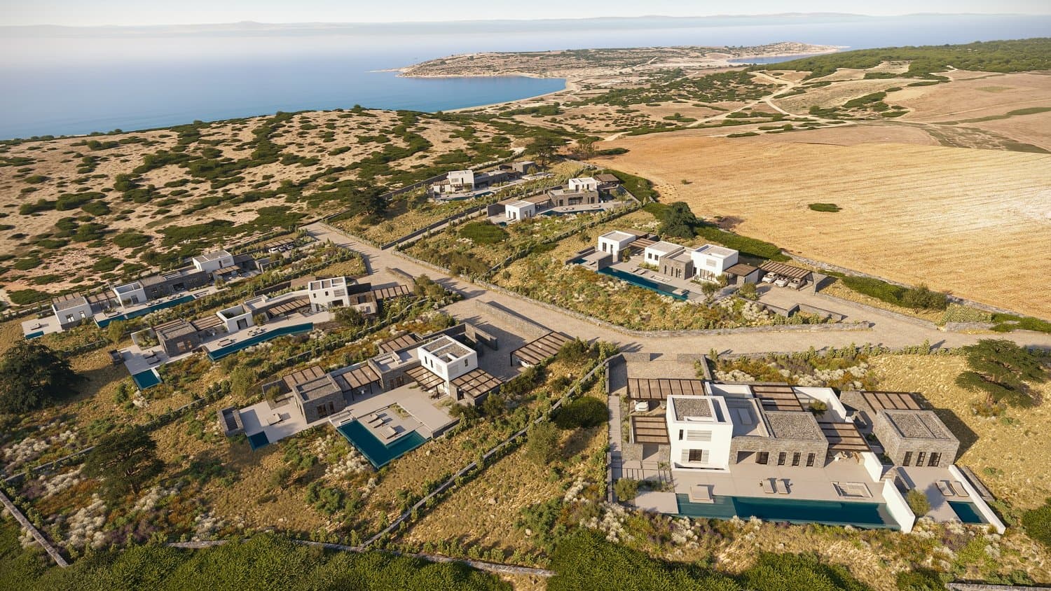 Aerial view of the seven houses toward the coast