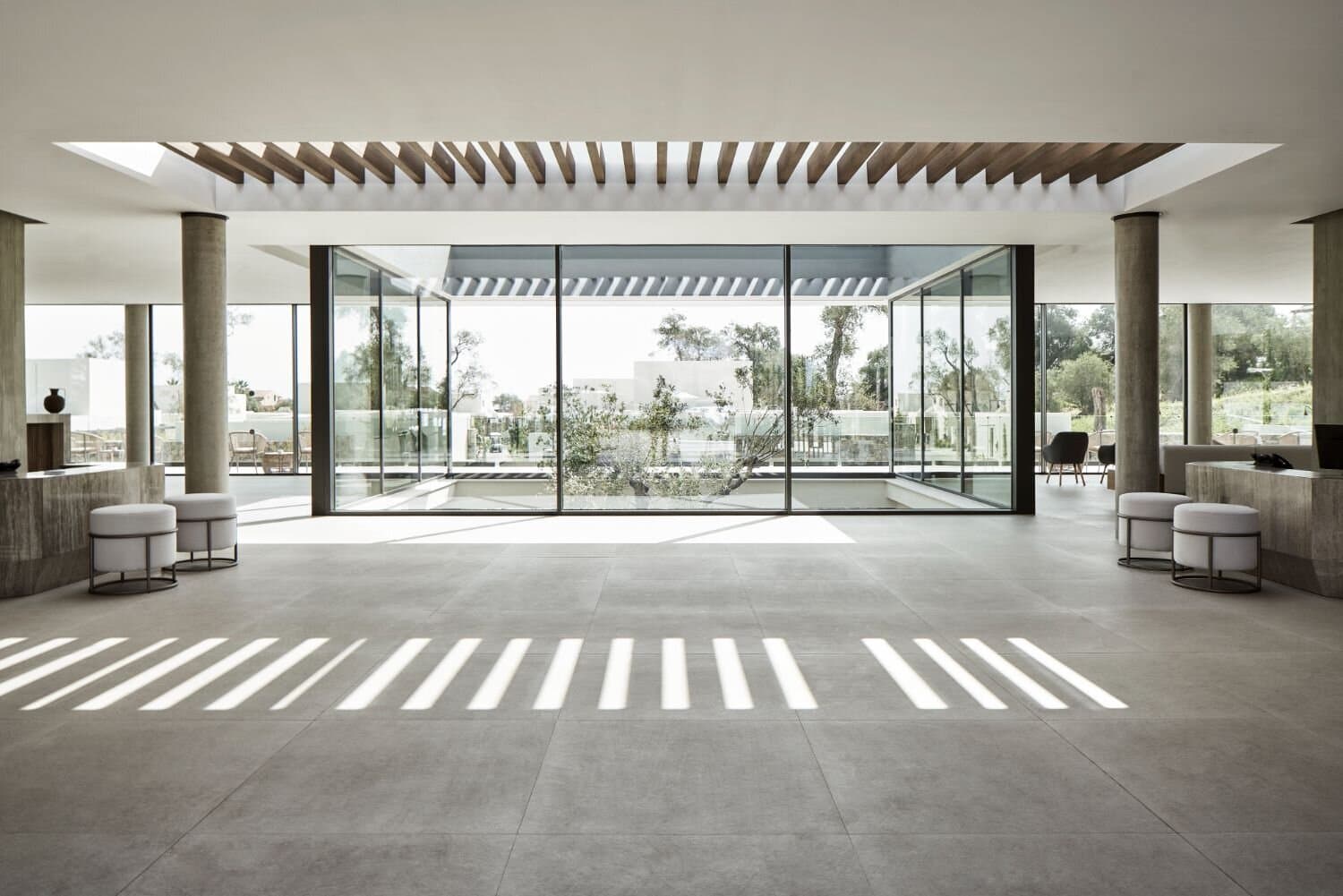 Reception hall with its timber pergola and central atrium