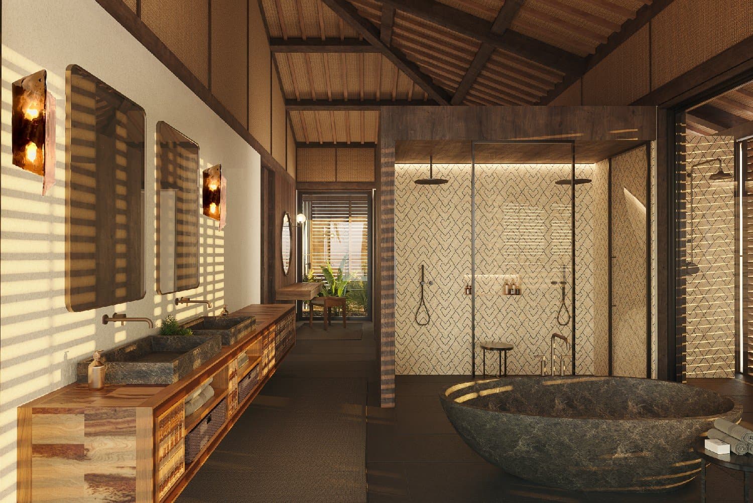 Suite bathroom with carved stone tub